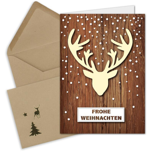 200x Weihnachtskarten-Set DIN A6 mit Elch-Motiv - Faltkarten mit passenden Umschlägen DIN C6 in Kraftpapier Sandbraun mit goldenen Motiven - Weihnachtsgrüße für Firmen und Privat