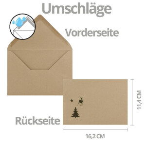 200x Weihnachtskarten-Set DIN A6 mit Elch-Motiv - Faltkarten mit passenden Umschlägen DIN C6 in Kraftpapier Sandbraun mit goldenen Motiven - Weihnachtsgrüße für Firmen und Privat