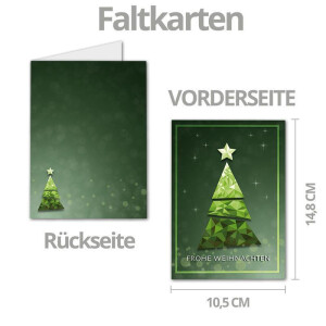 20x Weihnachtskarten-Set DIN A6 mit grünem Weihnachtsbaum in Glasmosaik-Optik - Faltkarten mit Umschlägen DIN C6 in Weiß mit grünen Sternen - Weihnachtsgrüße für Firmen und Privat