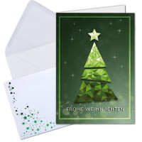 20x Weihnachtskarten-Set DIN A6 mit grünem Weihnachtsbaum in Glasmosaik-Optik - Faltkarten mit Umschlägen DIN C6 in Weiß mit grünen Sternen - Weihnachtsgrüße für Firmen und Privat