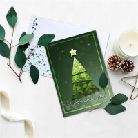 20x Weihnachtskarten-Set DIN A6 mit grünem Weihnachtsbaum in Glasmosaik-Optik - Faltkarten mit Umschlägen DIN C6 in Weiß mit grünen Sternen - Weihnachtsgrüße für Firmen und Privat