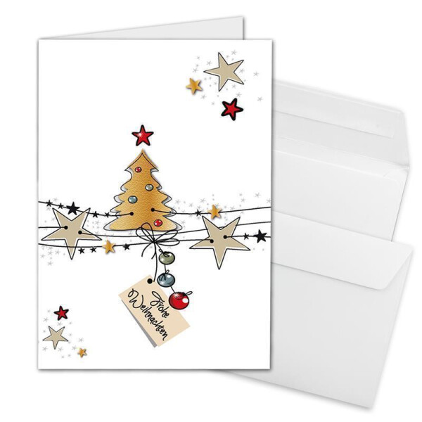 10x Weihnachtskarten-Set DIN A6 in Weiß mit Weihnachtsbaum und Sternen - Faltkarten mit passenden Umschlägen DIN C6 in Hochweiß mit Haftklebung - Weihnachtsgrüße für Firmen und Privat