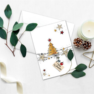 10x Weihnachtskarten-Set DIN A6 in Weiß mit Weihnachtsbaum und Sternen - Faltkarten mit passenden Umschlägen DIN C6 in Hochweiß mit Haftklebung - Weihnachtsgrüße für Firmen und Privat