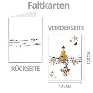 10x Weihnachtskarten-Set DIN A6 in Weiß mit Weihnachtsbaum und Sternen - Faltkarten mit passenden Umschlägen DIN C6 in Hochweiß mit Haftklebung - Weihnachtsgrüße für Firmen und Privat