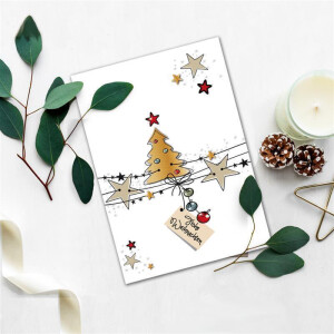 10x Weihnachtskarte DIN A6 in Weiß mit Weihnachtsbaum und Sternen - Faltkarten mit Weihnachtsmotiv - 10,5 x 14,8 cm - Weihnachtsgrüße für Firmen und Privat