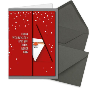 20x Weihnachtskarten-Set DIN A6 mit rotem Weihnachtsmann Motiv - Faltkarten mit Umschlägen DIN C6 in Anthrazit (Grau) mit Nassklebung - Weihnachtsgrüße für Firmen und Privat