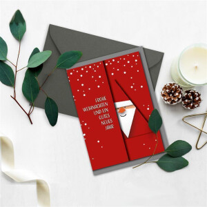 20x Weihnachtskarten-Set DIN A6 mit rotem Weihnachtsmann Motiv - Faltkarten mit Umschlägen DIN C6 in Anthrazit (Grau) mit Nassklebung - Weihnachtsgrüße für Firmen und Privat