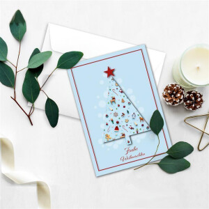 10x Weihnachtskarten-Set DIN A6 mit hellblauem Weihnachtsbaum und Winter-Symbolen - Faltkarten mit passenden Umschlägen DIN C6 Hochweiß mit Haftklebung - Weihnachtsgrüße für Firmen und Privat