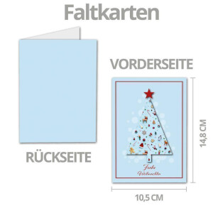 10x Weihnachtskarten-Set DIN A6 mit hellblauem Weihnachtsbaum und Winter-Symbolen - Faltkarten mit passenden Umschlägen DIN C6 Hochweiß mit Haftklebung - Weihnachtsgrüße für Firmen und Privat
