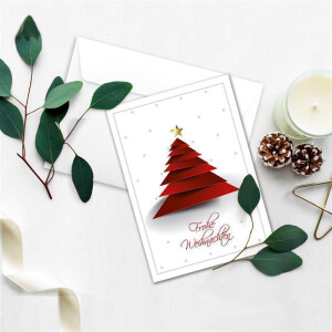 20x Weihnachtskarten-Set DIN A6 in Weiß mit  rotem Design Weihnachtsbaum - Faltkarten mit passenden Umschlägen DIN C6 Hochweiß mit Haftklebung - Weihnachtsgrüße für Firmen und Privat