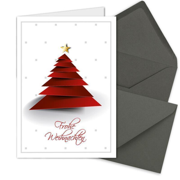 200x Weihnachtskarten-Set DIN A6 in Weiß mit  rotem Design Weihnachtsbaum - Faltkarten mit Umschlägen DIN C6 Anthrazit mit Nassklebung - Weihnachtsgrüße für Firmen und Privat