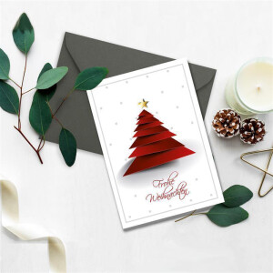 200x Weihnachtskarten-Set DIN A6 in Weiß mit  rotem Design Weihnachtsbaum - Faltkarten mit Umschlägen DIN C6 Anthrazit mit Nassklebung - Weihnachtsgrüße für Firmen und Privat