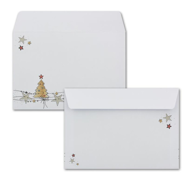 200x Briefumschläge DIN C6 in Weiß mit Weihnachtsbaum und Sternen - Haftklebung mit Abziehstreifen - 114 x 162 mm - 80 g/m² - Weihnachtsumschläge mit Motiv für Firmen und Privat