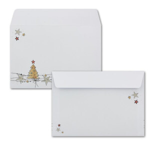 200x Briefumschläge DIN C6 in Weiß mit Weihnachtsbaum und Sternen - Haftklebung mit Abziehstreifen - 114 x 162 mm - 80 g/m² - Weihnachtsumschläge mit Motiv für Firmen und Privat