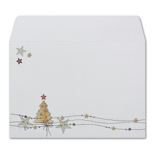 200x Briefumschläge DIN C6 in Weiß mit Weihnachtsbaum und Sternen - Haftklebung mit Abziehstreifen - 114 x 162 mm - 80 g/m² - Weihnachtsumschläge mit Motiv für Firmen und Privat