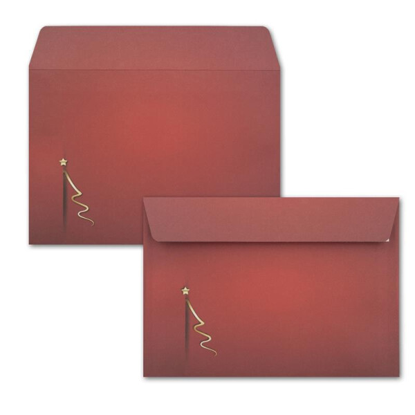 100x Briefumschläge DIN C6 in Rot mit goldenem Weihnachtsbaum - Haftklebung mit Abziehstreifen - 114 x 162 mm - 80 g/m² - Weihnachtsumschläge mit Motiv für Firmen und Privat