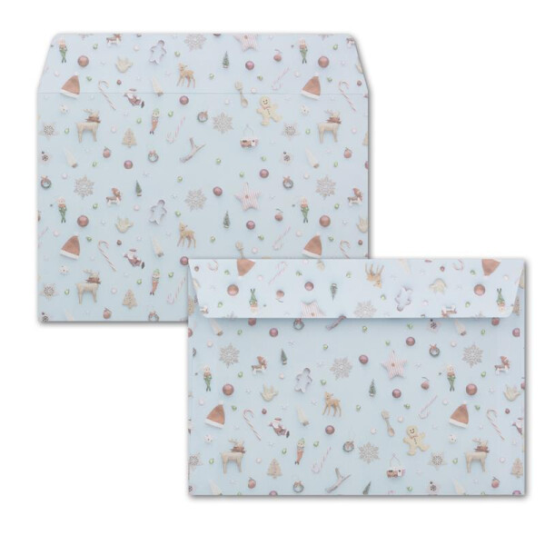 50x Briefumschläge DIN C6 in Hellblau mit Weihnachtsbaum und Winter-Symbolen - Haftklebung mit Abziehstreifen - 114 x 162 mm - 80 g/m² - Weihnachtsumschläge mit Motiv für Firmen und Privat