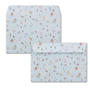 50x Briefumschläge DIN C6 in Hellblau mit Weihnachtsbaum und Winter-Symbolen - Haftklebung mit Abziehstreifen - 114 x 162 mm - 80 g/m² - Weihnachtsumschläge mit Motiv für Firmen und Privat