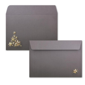 50x Briefumschläge DIN C6 in Grau mit goldenem-Weihnachtsbaum aus Sternen - Haftklebung mit Abziehstreifen - 114 x 162 mm - 80 g/m² - Weihnachtsumschläge mit Motiv für Firmen und Privat
