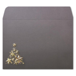 100x Briefumschläge DIN C6 in Grau mit goldenem-Weihnachtsbaum aus Sternen - Haftklebung mit Abziehstreifen - 114 x 162 mm - 80 g/m² - Weihnachtsumschläge mit Motiv für Firmen und Privat