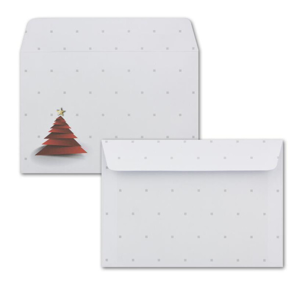 50x Briefumschläge DIN C6 in Weiß mit rotem Design Weihnachtsbaum - Haftklebung mit Abziehstreifen - 114 x 162 mm - 80 g/m² - Weihnachtsumschläge mit Motiv für Firmen und Privat
