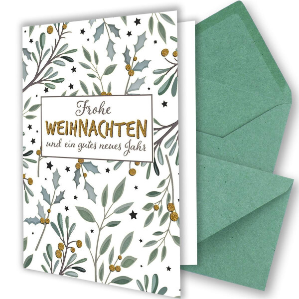 10x Weihnachtskarten-Set DIN A6 in Weiß mit Eukalyptus- und Mistelzweigen - Faltkarten mit Umschlägen DIN C6 Kraftpapier Eukalyptus mit Nassklebung - Weihnachtsgrüße für Firmen und Privat