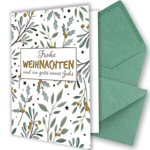 10x Weihnachtskarten-Set DIN A6 in Weiß mit Eukalyptus- und Mistelzweigen - Faltkarten mit Umschlägen DIN C6 Kraftpapier Eukalyptus mit Nassklebung - Weihnachtsgrüße für Firmen und Privat