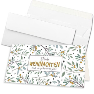 50x Weihnachtskarten-Set DIN Lang in Weiß mit Eukalyptus- und Mistelzweigen - Faltkarten mit passenden Umschlägen DIN Lang Hochweiß mit Haftklebung - Weihnachtsgrüße für Firmen und Privat