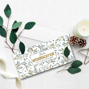 50x Weihnachtskarten-Set DIN Lang in Weiß mit Eukalyptus- und Mistelzweigen - Faltkarten mit passenden Umschlägen DIN Lang Hochweiß mit Haftklebung - Weihnachtsgrüße für Firmen und Privat