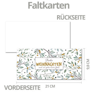 50x Weihnachtskarten-Set DIN Lang in Weiß mit Eukalyptus- und Mistelzweigen - Faltkarten mit passenden Umschlägen DIN Lang Hochweiß mit Haftklebung - Weihnachtsgrüße für Firmen und Privat