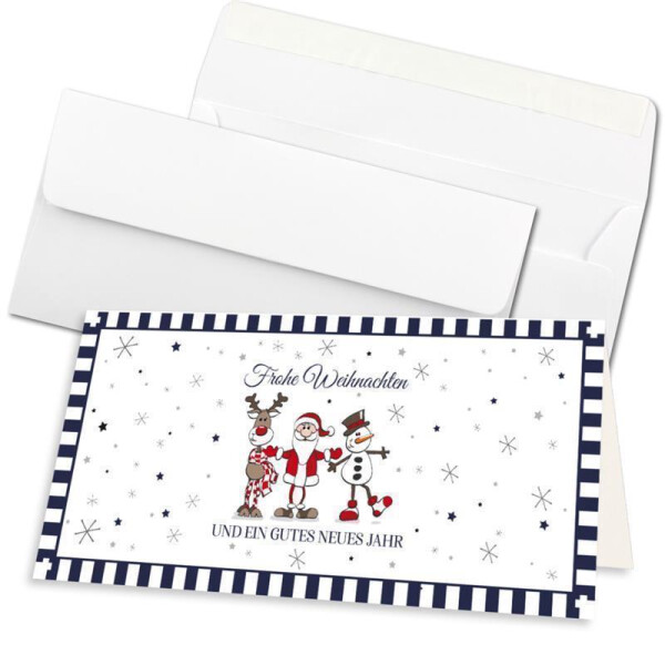 50x Weihnachtskarten-Set DIN Lang in Weiß mit Weihnachtsfiguren und Text - Faltkarten mit passenden Umschlägen DIN Lang Hochweiß mit Haftklebung - Weihnachtsgrüße für Firmen und Privat