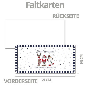 50x Weihnachtskarten-Set DIN Lang in Weiß mit Weihnachtsfiguren und Text - Faltkarten mit passenden Umschlägen DIN Lang Hochweiß mit Haftklebung - Weihnachtsgrüße für Firmen und Privat