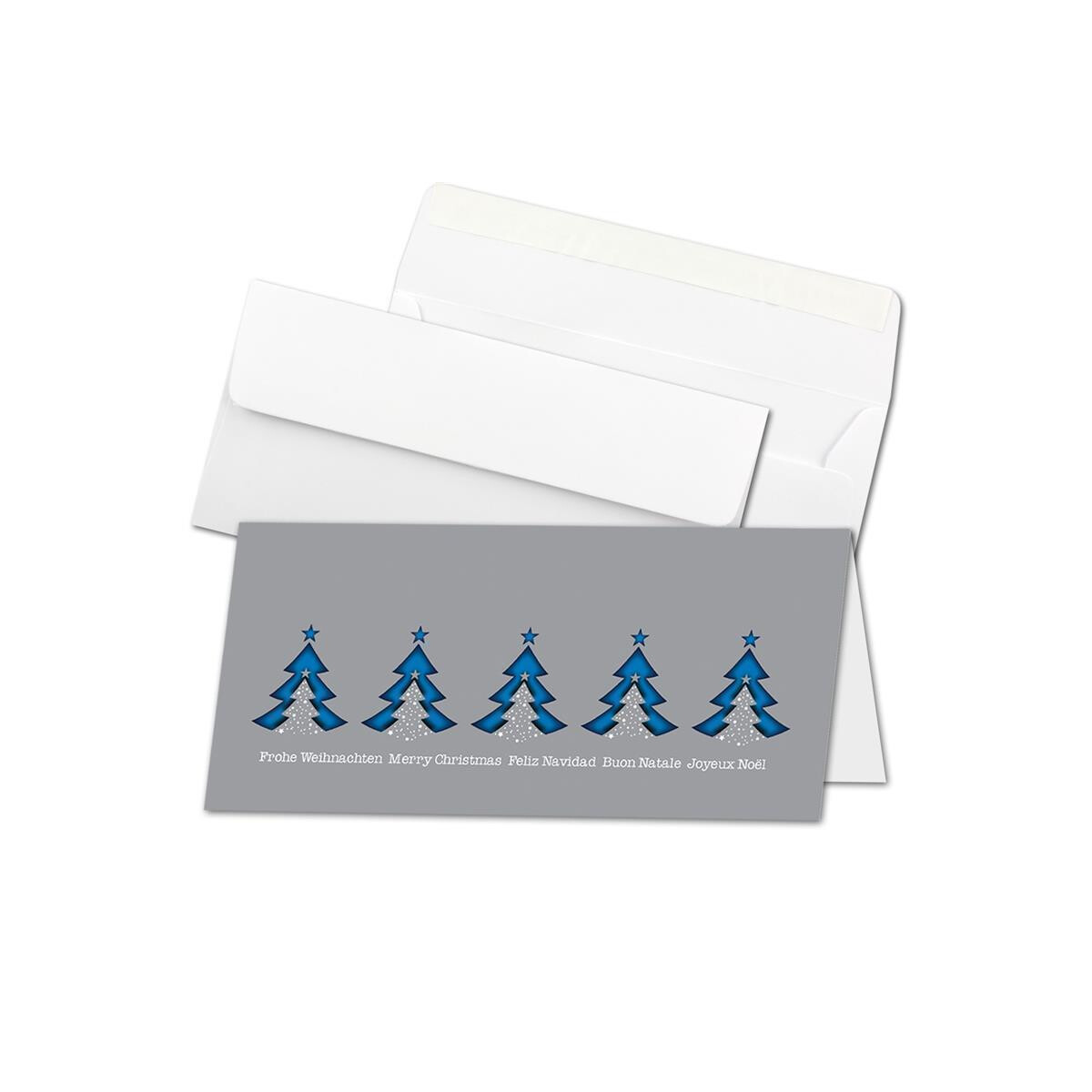 50x Weihnachtskarten-Set DIN Lang in Grau mit blauen...