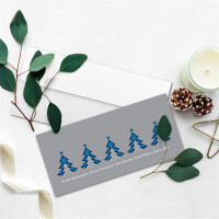 50x Weihnachtskarten-Set DIN Lang in Grau mit blauen Tannenbäumen und Text - Faltkarten mit passenden Umschlägen DIN Lang Hochweiß mit Haftklebung - Weihnachtsgrüße für Firmen und Privat