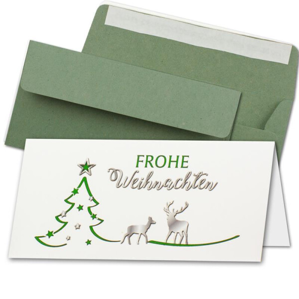 20x Weihnachtskarten-Set DIN Lang in Weiß mit grünem Tannenbaum und Rentier - Faltkarten mit Umschlägen DIN Lang Kraftpapier Grün mit Haftklebung - Weihnachtsgrüße für Firmen und Privat