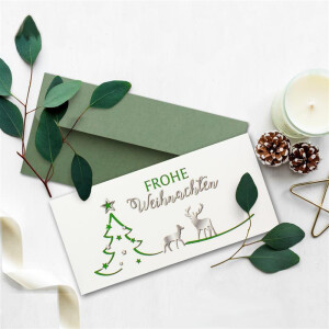 20x Weihnachtskarten-Set DIN Lang in Weiß mit grünem Tannenbaum und Rentier - Faltkarten mit Umschlägen DIN Lang Kraftpapier Grün mit Haftklebung - Weihnachtsgrüße für Firmen und Privat