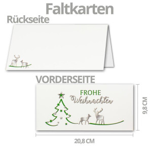 20x Weihnachtskarten-Set DIN Lang in Weiß mit grünem Tannenbaum und Rentier - Faltkarten mit Umschlägen DIN Lang Kraftpapier Grün mit Haftklebung - Weihnachtsgrüße für Firmen und Privat