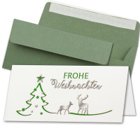 20x Weihnachtskarten-Set DIN Lang in Weiß mit grünem Tannenbaum und Rentier - Faltkarten mit Umschlägen DIN Lang Kraftpapier Grün mit Haftklebung - Weihnachtsgrüße für Firmen und Privat