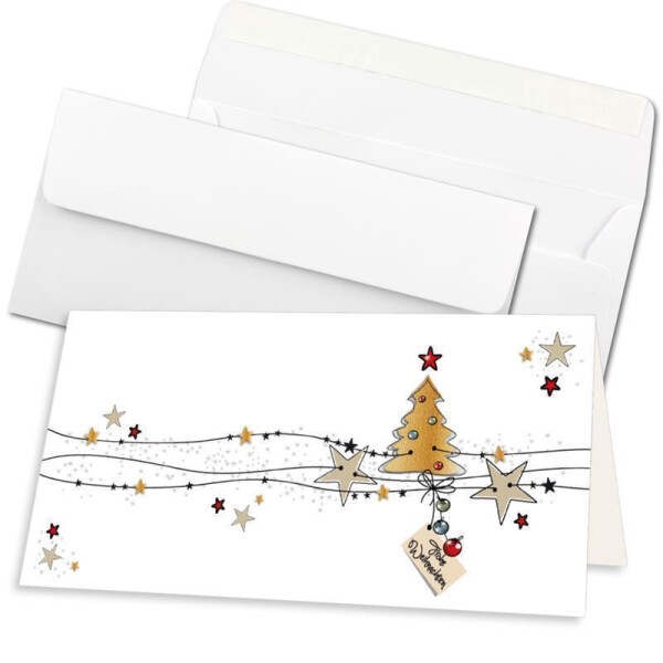 20x Weihnachtskarten-Set DIN Lang in Weiß mit Weihnachtsbaum und Sternen - Faltkarten mit passenden Umschlägen DIN Lang Hochweiß mit Haftklebung - Weihnachtsgrüße für Firmen und Privat
