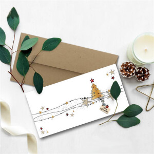 20x Weihnachtskarten-Set DIN Lang in Weiß mit Weihnachtsbaum und Sternen - Faltkarten mit Umschlägen DIN Lang Kraftpapier Sandbraun mit Haftklebung - Weihnachtsgrüße für Firmen und Privat