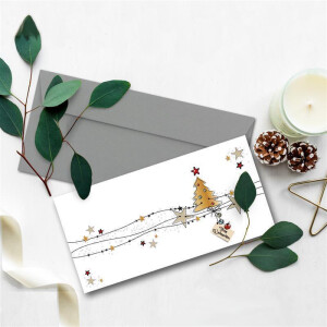 20x Weihnachtskarten-Set DIN Lang in Weiß mit Weihnachtsbaum und Sternen - Faltkarten mit Umschlägen DIN Lang Grau mit Haftklebung - Weihnachtsgrüße für Firmen und Privat