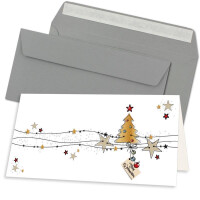 20x Weihnachtskarten-Set DIN Lang in Weiß mit Weihnachtsbaum und Sternen - Faltkarten mit Umschlägen DIN Lang Grau mit Haftklebung - Weihnachtsgrüße für Firmen und Privat