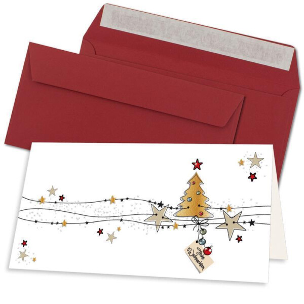 20x Weihnachtskarten-Set DIN Lang in Weiß mit Weihnachtsbaum und Sternen - Faltkarten mit Umschlägen DIN Lang Dunkelrot mit Haftklebung - Weihnachtsgrüße für Firmen und Privat