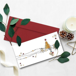 20x Weihnachtskarten-Set DIN Lang in Weiß mit Weihnachtsbaum und Sternen - Faltkarten mit Umschlägen DIN Lang Dunkelrot mit Haftklebung - Weihnachtsgrüße für Firmen und Privat