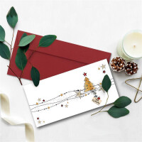 20x Weihnachtskarten-Set DIN Lang in Weiß mit Weihnachtsbaum und Sternen - Faltkarten mit Umschlägen DIN Lang Dunkelrot mit Haftklebung - Weihnachtsgrüße für Firmen und Privat