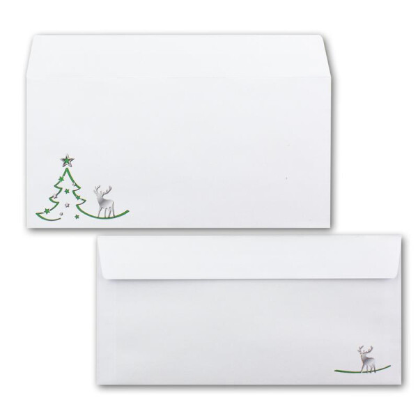 200x Briefumschläge DIN Lang in Weiß mit grünem Tannenbaum und Rentier - Haftklebung mit Abziehstreifen - 110 x 220 mm - 120 g/m² - Weihnachtsumschläge mit Motiv für Firmen und Privat
