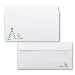 200x Briefumschläge DIN Lang in Weiß mit grünem Tannenbaum und Rentier - Haftklebung mit Abziehstreifen - 110 x 220 mm - 120 g/m² - Weihnachtsumschläge mit Motiv für Firmen und Privat