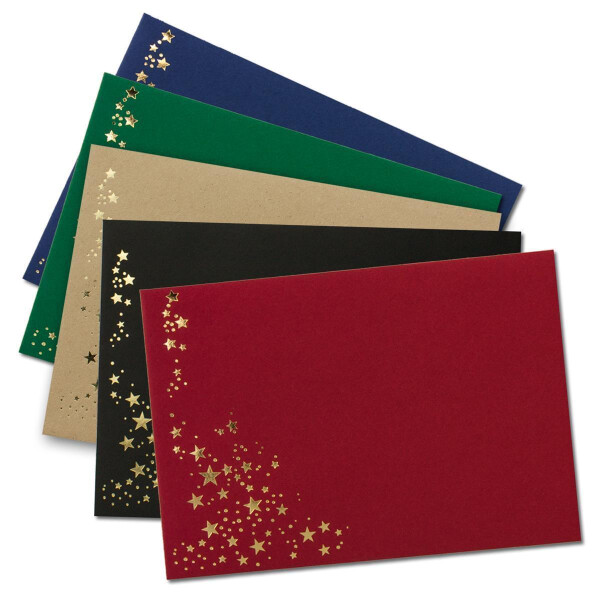 25x Weihnachts-Briefumschläge - DIN B6 - mit Gold-Metallic geprägtem Sternenregen - Farbenmix 10 - je Farbe 5 Stück - Nassklebung - 125 x 175 mm