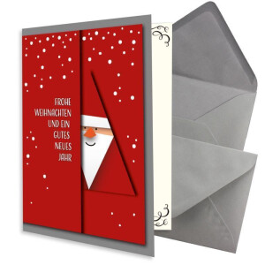 50x kleines Weihnachtskarten-Set DIN A7 mit rotem Weihnachtsmann Motiv - Faltkarten mit Umschlägen DIN C7 Dunkelgrau mit Nassklebung - Weihnachtsgrüße für Firmen und Privat