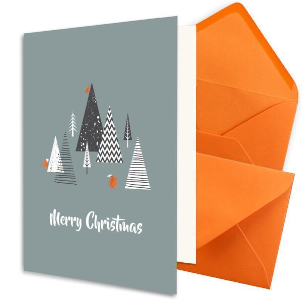 20x nachhaltiges Weihnachtskarten-Set DIN A6 in Blau mit Weihnachtsbäumen und Text - Faltkarten mit Umschlägen DIN C6 in Orange mit Nassklebung - Weihnachtsgrüße für Firmen und Privat